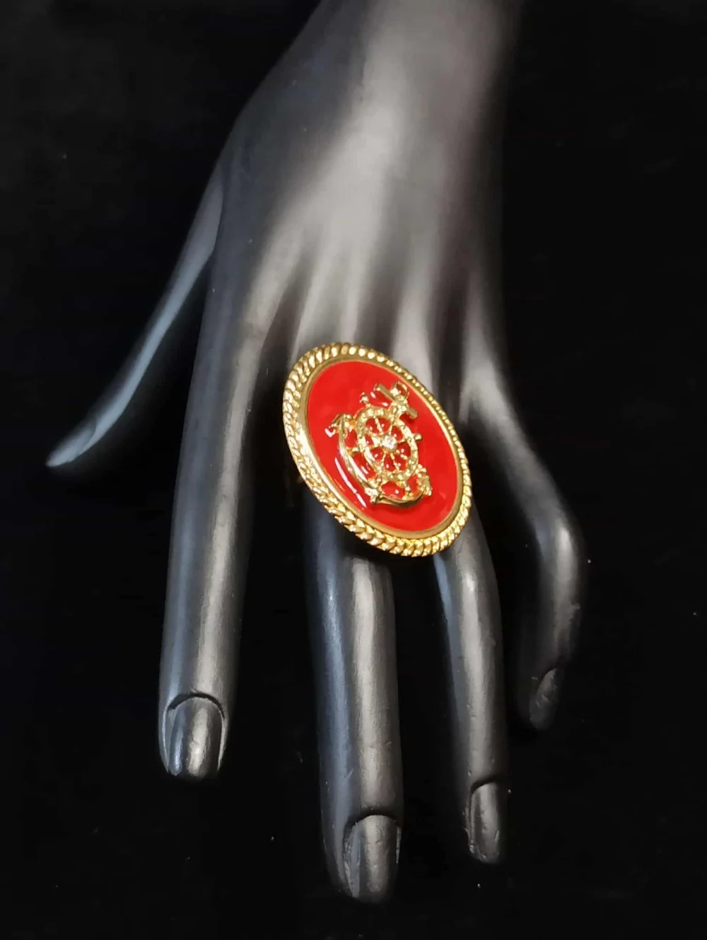 Vintage 80’s Nautical Ship Wheel Red Enamel Gold Tone Statement Ring Adjustable